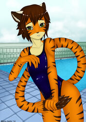 2012 anthro brown_hair clothed clothing eliana-asato felid femboy green_eyes hair hi_res male mammal one-piece_swimsuit outside pantherine saba short_hair sky solo stripes swimming swimming_pool swimwear tiger