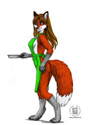 2008 anthro apron apron_only ass blue_eyes breasts brown_hair butt_pose canid canine casual_exposure claws clothed clothing color_edit colored cooking cookware digitigrade dipstick_tail female fluffy fluffy_tail fox frying_pan gloves_(marking) hair happy jazmyn jazmyn&#039;s_world kacey kitchen_utensils mammal markings mostly_nude multicolored_tail pawpads pose side_boob simple_background smile solo tail tail_markings third-party_edit tools white_background