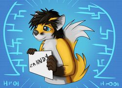 anthro biped canid canine con_badge convention digital_media_(artwork) fox front_view fuzzywuff half-length_portrait hud male mammal name_badge portrait solo standing tech three-quarter_view zahndy