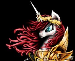 alternate_species armor blue_eyes crossover emperor_of_mankind equid europamaxima female feral friendship_is_magic hair hasbro hi_res horn lauren_faust_(character) mammal my_little_pony ponification red_hair solo warhammer_(franchise) warhammer_40000