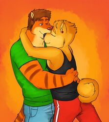 anthro canid canine canis closed_eyes cuddling domestic_dog duo felid fur genchi hi_res hug male male/male mammal pantherine romantic romantic_couple shiba_inu spitz tiger