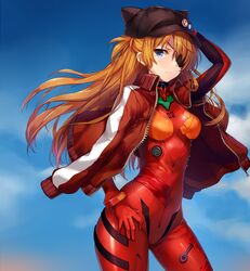 asuka_langley_soryu blue_eyes blue_sky bodysuit breasts clothing cloud eye_patch eyewear female grandfathered_content hair hand_on_hip hat headgear headwear human human_only jacket long_hair looking_at_viewer mammal momoko neon_genesis_evangelion not_furry orange_hair outside skinsuit sky skyscape solo standing tight_clothing topwear wind zipper