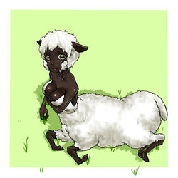 1:1 bovid bovid_taur breasts caprine caprine_taur cleavage clothed clothing dark_body dark_skin domestic_sheep female horizontal_pupils kaiki_hito_ningen mammal mammal_taur pupils sheep sheep_taur sitting solo taur