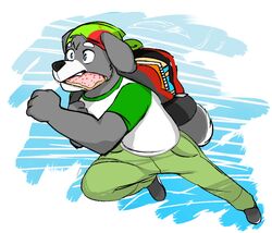 action_pose anthro backpack black_nose blue_eyes bread canid canine canis clothing domestic_dog eat_and_run food fur genchi grey_body grey_fur male mammal pop-tarts pose running shirt solo toast topwear