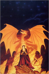 1989 anthro bone cloud dragon duo feral fire full-length_portrait hi_res human male mammal membrane_(anatomy) membranous_wings michael_whelan mythological_creature mythological_scalie mythology night outside perch portrait reptile rock scalie sky star tail wings