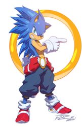 2012 anthro biped blue_body blue_eyes blue_fur blue_hair clothed clothing eulipotyphlan fur gesture gloves grin hair hand_gesture handwear hedgehog jewelry looking_at_viewer male mammal parody pointing power_ring rat_rage robaato sega signature smile solo sonic_the_hedgehog sonic_the_hedgehog_(series) spiky_hair standing style_emulation topless