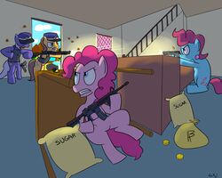 5:4 angry ar-15 assault_rifle blue_eyes brown_hair bullet bulletproof_vest caramel_(mlp) clothing coin cutie_mark detailed_background ear_piercing earth_pony english_text equid equine female feral friendship_is_magic group gun hair handgun hasbro hat headgear headwear hi_res horse inside m4 male mammal money mrs._cake_(mlp) my_little_pony piercing pink_eyes pink_hair pinkie_pie_(mlp) police pony raid ranged_weapon rapidstrike rifle shooting shotgun spent_casing standing stoner_rifle sugar text weapon