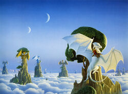 1990 ambiguous_gender anthro cloud dragon feral group hi_res human jaxom_(pern) male mammal membrane_(anatomy) membranous_wings michael_whelan moon mountain mythological_creature mythological_scalie mythology official_art outside pern plant riding ruth_(pern) scalie sky straddling tail tree wings