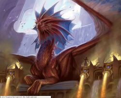 avian bat_wings bed bird chair dragon duo english_text european_mythology feral fire furniture glowing glowing_eyes hasbro hi_res magic:_the_gathering male membrane_(anatomy) membranous_wings mythological_creature mythological_scalie mythology niv-mizzet official_art red_body red_scales scales scalie spread_wings text throne todd_lockwood water waterfall western_dragon wings wizards_of_the_coast yellow_body yellow_scales