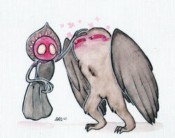 3_toes alien ambiguous_gender avian awesomecuza blush clothing cryptid cryptozoology dress duo feathered_wings feathers feet flatwoods_monster hovering monster mothman not_furry petting red_eyes signature toes unknown_artist unknown_artist_signature wings