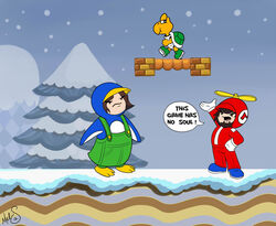 2012 ambiguous_gender annoyed arin_hanson armor avian bird block checkered clothing costume dialogue disneygurl english_text evergreen_tree fursuit game_grumps gloves group hand_on_hip handwear hat headgear headwear helmet hi_res human jon_jafari koopa koopa_troopa luigi male mammal mario mario_bros nintendo not_furry_wearing_fursuit open_mouth outside overalls parody penguin penguin_costume pine_tree plant platformer propeller propeller_hat reptile scalie sky snow snowing text text_on_clothing text_on_headwear text_on_helmet the_truth tongue tree white_clothing white_gloves white_handwear winter