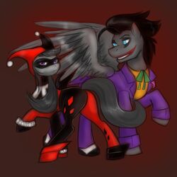 1:1 alternate_species balddumborat batman_(series) black_bottomwear black_clothing black_footwear black_headwear blue_eyes bottomwear clothed clothing cosplay crossover cutie_mark dc_comics digital_media_(artwork) doctor_whooves_(mlp) duo earth_pony equid equine feathered_wings feathers female feral fool&#039;s_hat footwear friendship_is_magic full-length_portrait grey_body grey_feathers harley_quinn hasbro hat headgear headwear horse jacket makeup male mammal my_little_pony mythological_creature mythological_equine mythology octavia_(mlp) pants pegasus pony portrait purple_bottomwear purple_clothing purple_eyes purple_outerwear quadruped red_bottomwear red_clothing red_footwear red_headwear red_topwear shirt shoes side_view simple_background suit the_joker topwear white_clothing white_footwear wings yellow_clothing yellow_topwear