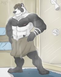 4:5 abs amwulf anthro bear biceps big_muscles biped black_body black_fur black_nose brown_hair claws clothed clothing ear_piercing fur giant_panda grin hair hi_res looking_at_viewer male mammal muscular muscular_anthro muscular_male neevipanda nipples pawpads paws pecs piercing pose shower shower_head smile solo standing steam tattoo toe_claws topless towel towel_only water wet white_body white_fur yellow_eyes