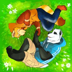 1:1 3_toes ailurid anthro barefoot bear bodily_fluids claws clothing crying duo feet genchi giant_panda hi_res love lying male mammal red_panda romantic romantic_ambiance romantic_couple tairu tavi tears toes