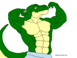 2013 4:3 abs anthro athletic biceps biped bottomwear claws clothed clothing dinosaur extinct fangs flexing green_body green_skin grey_eyes male maxime-jeanne muscular muscular_anthro pecs pose prehistoric_species reptile scales scalie shorts simple_background smile solo standing tail teeth theropod thomas_carter topless tyrannosaurid tyrannosauroid tyrannosaurus tyrannosaurus_rex underwear vein white_background yellow_body yellow_skin