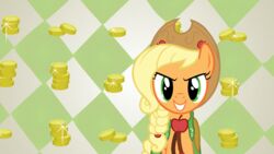 16:9 apple applejack_(mlp) blonde_hair braided_hair clothing coin cowboy_hat earth_pony equid equine female feral food friendship_is_magic fruit green_eyes grin hair hasbro hat headgear headwear hi_res horse mammal money my_little_pony orange_body orange_skin plant pony shelltoontv smile solo wallpaper widescreen