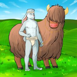 1:1 abs anthro bison blue_body blue_eyes blue_fur blue_hair bovid bovine brown_hair bulge clothed clothing cloud duo feral fur genchi hair hi_res hooves lagomorph leash leporid male mammal muscular nipples outside pecs rabbit sky smile teeth topless underwear white_body white_fur