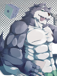 3:4 abs abstract_background anthro biceps big_muscles biped bottomwear brown_nose canid canine canis chest_tuft claws clothed clothing d6 dice dotted_background fangs front_view fur green_eyes grey_body grey_fur grin halftone halftone_background hi_res jaws kenn looking_at_viewer male mammal muscular muscular_anthro muscular_male open_mouth pants pattern_background pecs pose scar shirt simple_background smile solo standing teeth tongue tongue_out topless topwear tuft undressing white_body white_fur wolf