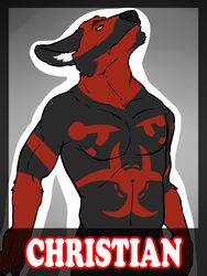 3:4 amwulf anthro athletic biceps biped black_body black_fur black_nose canid canine canis domestic_dog english_text fur hi_res looking_at_viewer male mammal markings muscular muscular_anthro name_badge nude pecs pose red_body red_fur solo standing text yellow_eyes