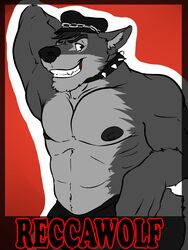 3:4 amwulf anthro biceps big_muscles canid canine canis clothed clothing collar fur hi_res looking_at_viewer male mammal muscular muscular_anthro muscular_male name_badge pecs solo speedo swimwear topless wolf