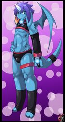 2013 abstract_background anthro armwear biped blue_body blue_eyes blue_hair blue_skin bulge claws clothing elbow_gloves fingerless_gloves gloves hair handwear hi_res hindpaw horn kivwolf looking_at_viewer male membrane_(anatomy) membranous_wings muscular muscular_anthro muscular_male navel paws shirt short_hair simple_background solo standing topwear underwear unigan wings