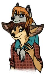 anthro big_ears black_nose blue_eyes brown_hair brun69 canid canine canis checkered checkered_clothing checkered_shirt checkered_topwear clothed clothing duo ear_piercing female fennec_fox fox fully_clothed fur green_eyes grey_body grey_fur hair inner_ear_fluff keksy looking_at_viewer male male/female mammal orange_body orange_fur orange_hair pattern_clothing pattern_shirt pattern_topwear piercing romantic romantic_couple shirt simple_background tan_body tan_fur topwear true_fox tuft white_background wolf