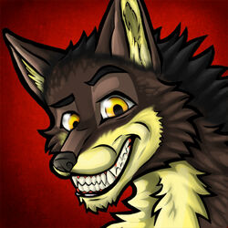 1:1 anthro black_body black_fur brown_body brown_fur bust_portrait canid canine canis ears_up eyebrows fur grin icon looking_at_viewer low_res male mammal narubi portrait raised_eyebrow red_background simple_background sly smile solo tan_body tan_fur teeth wolf yellow_eyes