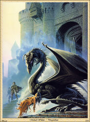 1985 anthro barbara_hambley biped castle clothing deep_of_ylferdun dragon dragonsbane dress english_text female feral gareth group hair hi_res horn human jenny_waynest john_aversin male mammal melee_weapon membrane_(anatomy) membranous_wings michael_whelan morkeleb morkeleb_the_black mythological_creature mythological_scalie mythology scalie smoke sword tail text weapon wings