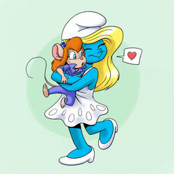 1:1 anthro blonde_hair blue_body blue_skin carelessdoodler carrying_another chip_&#039;n_dale_rescue_rangers clothing coveralls crossover disney dress duo eyewear eyewear_on_head female gadget_hackwrench goggles hair hat headgear headwear heart_symbol hug humanoid humanoid_on_anthro larger_female long_hair mammal mouse murid murine orange_hair phrygian_cap rodent size_difference smaller_female smurf smurfette the_smurfs