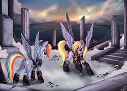 amber_eyes armor blonde_hair blue_body blue_feathers blue_fur cloud cutie_mark derpy_hooves duo equid equine feathered_wings feathers female feral friendship_is_magic fur grey_body grey_fur hair hasbro hi_res mammal melee_weapon multicolored_hair multicolored_tail my_little_pony mythological_creature mythological_equine mythology outside pegasus ponykillerx purple_eyes rainbow_dash_(mlp) rainbow_hair rainbow_tail sky sword tail weapon wings