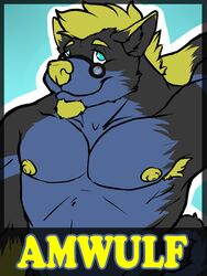 3:4 ammy amwulf anthro armpit_hair biceps big_muscles body_hair canid canine canis eyewear fur looking_at_viewer male mammal muscular muscular_anthro muscular_male name_badge nude pecs solo wolf