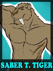 3:4 amwulf anthro biceps big_muscles extinct fangs felid fur hi_res looking_at_viewer male mammal muscular muscular_anthro muscular_male name_badge nude pecs prehistoric_species saber-toothed_tiger sabertooth_(anatomy) solo teeth