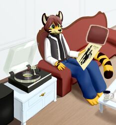 2013 anthro barefoot biped clothed clothing container cup digital_media_(artwork) feet felid fleetwood_mac fur furniture green_eyes hi_res jamesfoxbr male mammal music paint pantherine rumours_(fleetwood_mac) saba shaded smile sofa solo stripes tiger turntable_(record_player)