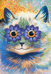 1900s ambiguous_gender ancient_art blue_body blue_fur colorful_theme domestic_cat felid feline felis feral flower formal_art fur green_body green_fur leaf looking_at_viewer louis_wain mammal multicolored_body multicolored_fur orange_body orange_eyes orange_fur plant public_domain smile solo surreal traditional_media_(artwork) what whiskers white_body white_fur