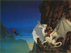 1978 20th_century ancient_art anthro blue_sky claws clothing dragon duo feral flying green_eyes human jaxom_(pern) male mammal membrane_(anatomy) membranous_wings michael_whelan mountain mythological_creature mythological_scalie mythology outside riding ruth_(pern) scalie scan sky spread_wings straddling tail white_body wings