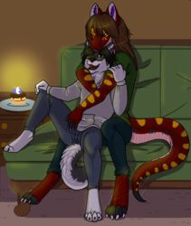 anthro birthday boa_(snake) boinae canid canine canis cuddling disastress domestic_dog duo eyewear glasses husky male mammal nordic_sled_dog rainbow-boa rainbow_boa reptile scalie servo snake spitz zer0sanguine