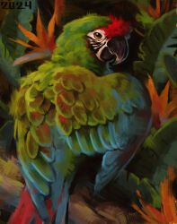  2024 alexpahomov ara_(genus) avian beak bird black_beak blue_body blue_feathers digital_media_(artwork) digital_painting_(artwork) feathers feral green_body green_feathers macaw markings military_macaw multicolored_body multicolored_feathers neotropical_parrot painting_(artwork) palm_leaves parrot plant red_body red_feathers red_markings solo teal_body teal_feathers true_parrot white_face yellow_eyes 