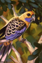  2023 alexpahomov avian beak bird black_body black_eyes black_feathers branch digital_media_(artwork) digital_painting_(artwork) feathers feral hi_res leaf multicolored_body multicolored_feathers on_branch painting_(artwork) parrot perching purple_body purple_feathers rosella solo tail tail_feathers true_parrot wings yellow_body yellow_feathers 