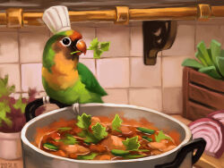  2023 alexpahomov avian beak bird black_eyes chef_hat chives_(food) clothing curry digital_media_(artwork) digital_painting_(artwork) feathers feral food green_body green_feathers hat headgear headwear kitchen lovebird object_in_beak onion orange_beak painting_(artwork) parrot plant plant_in_beak red_facial_markings solo tile tile_wall true_parrot vegetable wall_(structure) white_talons yellow_chest 