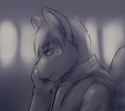 2013 anthro bodily_fluids broken_heart canid canine clothed clothing crying fox frown lan_(zeta-haru) male mammal monochrome sad scarf sketch solo tears zeta-haru