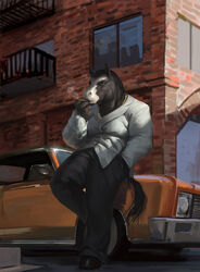 anthro biceps biped black_hair bottomwear brown_body brown_fur car cigarette clothed clothing equid equine fur hair headlights hi_res hooves horse jewelry loculi looking_at_viewer male mammal muscular muscular_anthro muscular_male necklace pants pecs pose shirt smoke smoking solo standing topwear vehicle white_body white_clothing white_fur white_shirt white_topwear yellow_eyes