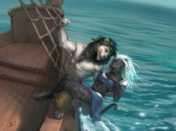 abs anthro armpit_hair bandana biceps black_body black_fur black_hair body_hair bottomwear clothed clothing duo felid female fur hair holding_object kerchief leopard lion lion21 male mammal melanistic muscular outside pantherine pants pecs piercing pirate pose romantic romantic_couple sea ship ship_deck skimpy topless vehicle water watercraft white_body white_fur white_hair