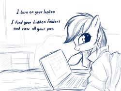 2013 4:3 bed blue_and_white clothing computer electronics english_text equid equine female feral friendship_is_magic furniture hair hasbro horse laptop long_hair looking_at_viewer mammal monochrome my_little_pony pony rainbow_(artist) rainbow_dash_(mlp) shirt simple_background smile solo table text topwear white_background