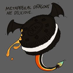 ambiguous_gender cookie dragon english_text evalion food hi_res humor hybrid membrane_(anatomy) membranous_wings mythological_creature mythological_scalie mythology oreo_cookie scalie simple_background solo tail text wings