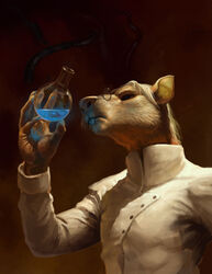 anthro buckteeth chemistry clothed clothing coat damaratus digital_media_(artwork) eyewear fancy_rat florence_flask fur glass glasses glowing hair holding_object lab_coat laboratory laboratory_equipment laboratory_glassware loculi male mammal murid murine potion rat rodent scientific_instrument scientist shirt simple_background solo teeth textured_background thinking topwear white_body white_clothing white_fur white_hair white_topwear