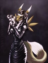 2013 anthro bandai_namco black_sclera canid canine clothing digimon digimon_(species) english_text female fur hi_res looking_at_viewer mammal nun orange_body orange_fur renamon solo text tybay watermark white_body white_fur yellow_body yellow_fur