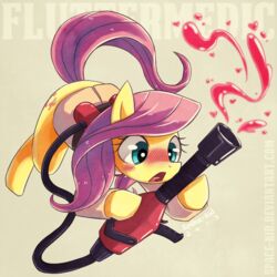 1:1 2013 blush crossover cutie_mark english_text equid equine female feral fluttershy_(mlp) friendship_is_magic fur green_eyes hair hasbro heart_symbol horse long_hair mammal medic_(team_fortress_2) my_little_pony open_mouth pink_hair pony solo space-kid suggestive team_fortress_2 text tongue valve weapon what yellow_body yellow_fur