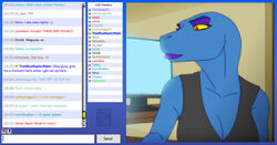 anthro big_breasts blue_body blue_skin breasts cam_show chat_box clothing computer deinonychus devona_rhea dinosaur dromaeosaurid electronics english_text extinct female grainy janner3d livestream monitor non-mammal_breasts prehistoric_species reptile scalie shirt solo tank_top text theropod topwear velociraptor