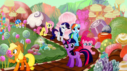 16:9 2013 applejack_(mlp) blonde_hair blue_body blue_eyes blue_fur candy candyland chocolate clothing cowboy_hat cutie_mark dessert earth_pony equid equine feathered_wings feathers female feral fluttershy_(mlp) food friendship_is_magic fungus fur green_eyes group gummy_(food) gummy_bear_(food) hair happy hasbro hat headgear headwear hi_res horn horse macgrubor mammal multicolored_hair mushroom my_little_pony mythological_creature mythological_equine mythology pegasus pink_hair pinkie_pie_(mlp) pony purple_body purple_eyes purple_fur purple_hair rainbow_dash_(mlp) rainbow_hair rarity_(mlp) smile twilight_sparkle_(mlp) two_tone_hair unicorn widescreen wings yellow_body yellow_feathers