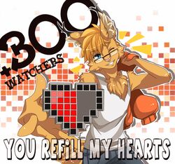 anthro celebration clothing eyewear felid feline gaming geek get glasses heart_symbol hoodie kitt-n-valentine lynx male mammal nerd one_eye_closed playing_video_game rozenbane shirt solo tank_top topwear wink